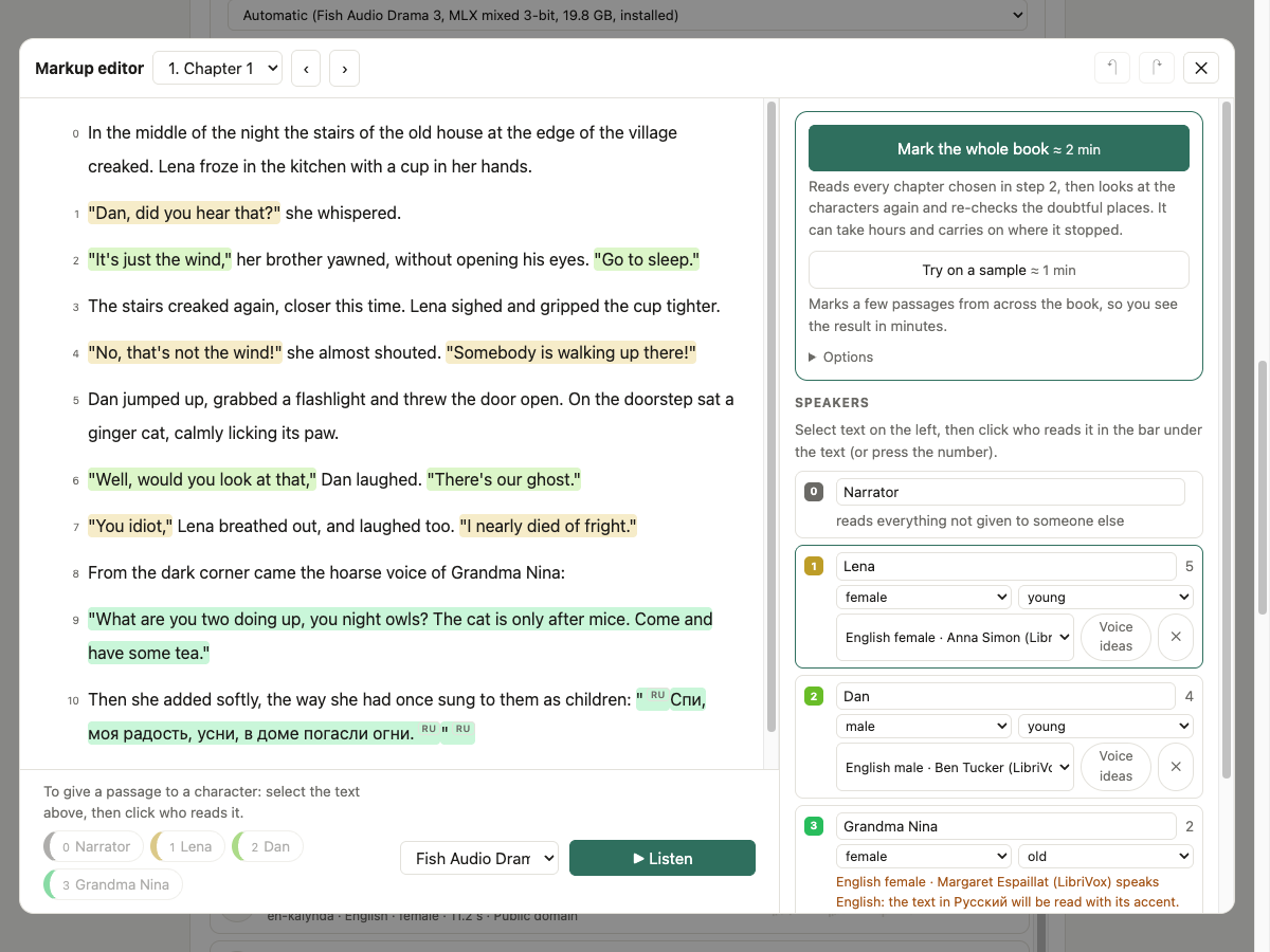 The markup editor for assigning voices to speakers